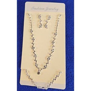 3 Pc Glitter Crystal Earring Necklace Bracelet Wedding Bridal Set Silver Toned